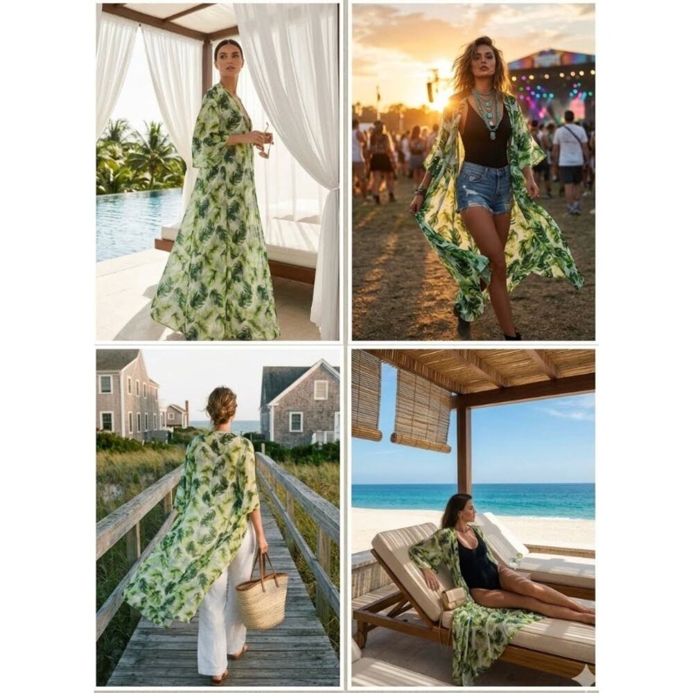 BuddyLove ALIX Monstera Palm Maxi Kimono | Tropical Resortcore Luxury Duster S/M